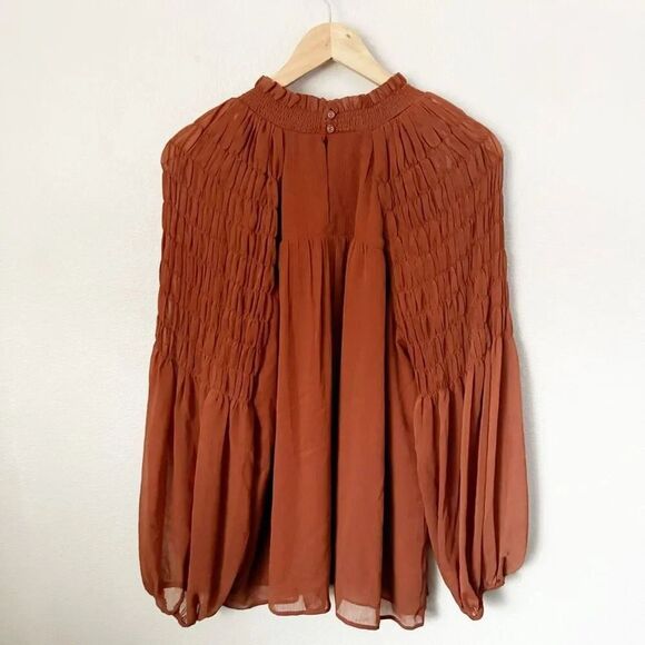 DR2 x NORDSTROM | Rust Orange Red Terra Cotta Blouse Smocked Balloon Sleeve | XL - Picture 5 of 8